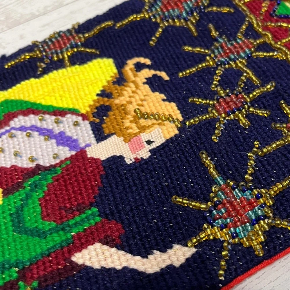 Handmade Needlepoint Angel‎ Christmas Stocking Beaded Stars Red Velvet